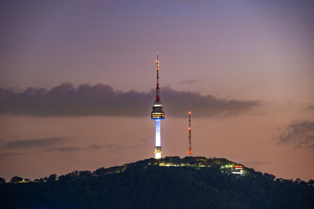 N Seoul Tower lit blue at dusk above the trees of Namsan, Seoul
