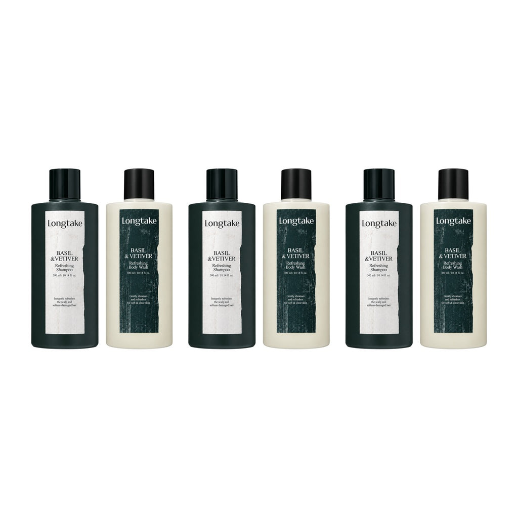 Longtake Basil & Vetiver Hair & Body Shower Gift Set with Shampoo 300ml and Body Wash 300ml – 3 pack