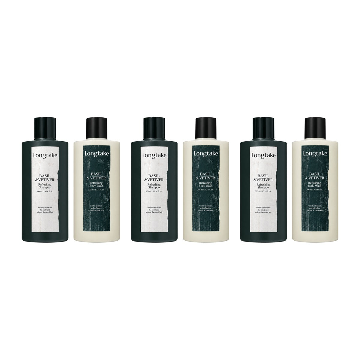 Longtake Basil & Vetiver Hair & Body Shower Gift Set with Shampoo 300ml and Body Wash 300ml – 3 pack