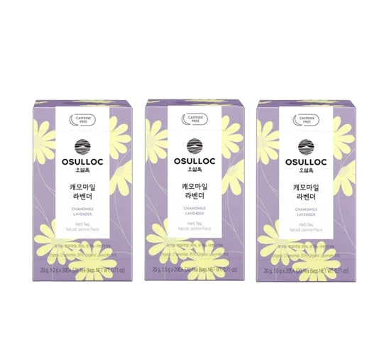 3 x [CAFFEINE FREE] OSULLOC Chamomile Lavender Tea (20 Tea Bags), Caffeine‑Free, Herbal Tea, Natural Jasmine Flavor from Korea