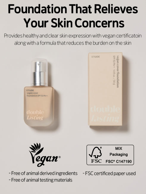 ETUDE Double Lasting Vegan Cover Foundation 30g, 19N1 Light Beige from Korea by ETUDE
