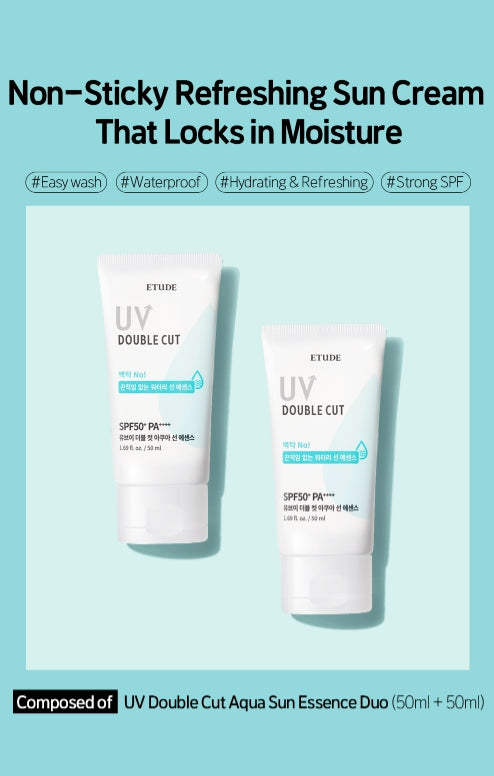 ETUDE UV Double Cut Aqua Sun Essence Duo Set (50ml + 50ml) from Korea by ETUDE