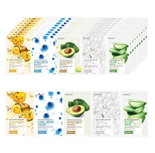EUNYUL Natural Moisture Mask Pack Aloe 10pcs + Collagen 10pcs + Pearl 10pcs + Hyaluron 10pcs + Avocado 10pcs (50 Sheets) Set by EUNYUL