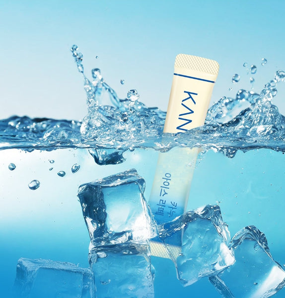 KAN product with ice cubes and water splash on a blue background