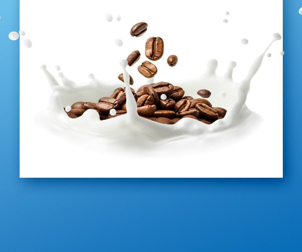 Coffee beans falling into a splash of milk on a white background