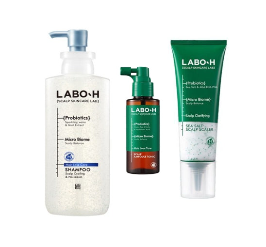 LABO-H Haarausfallpflege, Kopfhautkühlung und kein Talg, Shampoo 400 ml + Meersalz-Kopfhautentferner 208 g + Kopfhaut-Ampullen-Tonikum 100 ml aus Korea