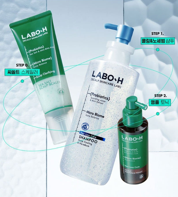 LABO-H Haarausfallpflege, Kopfhautkühlung und kein Talg, Shampoo 400 ml + Meersalz-Kopfhautentferner 208 g + Kopfhaut-Ampullen-Tonikum 100 ml aus Korea
