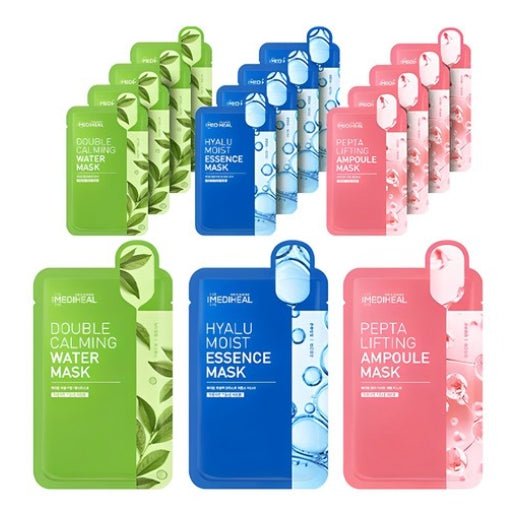 MEDIHEAL Double Calming Water Mask 5pcs + Hyalu Moist Essence Mask 5pcs + Penta Lifting Ampoule Mask 5pcs (15 Sheets) Set by MEDIHEAL