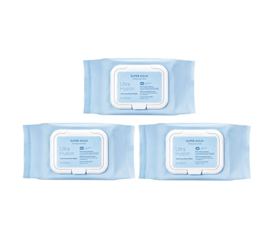 3 x MISSHA Super Aqua Ultra Hyalron Cleansing Water Wipes, 30 Sheets - Hydrating Micellar Makeup Remover from Korea