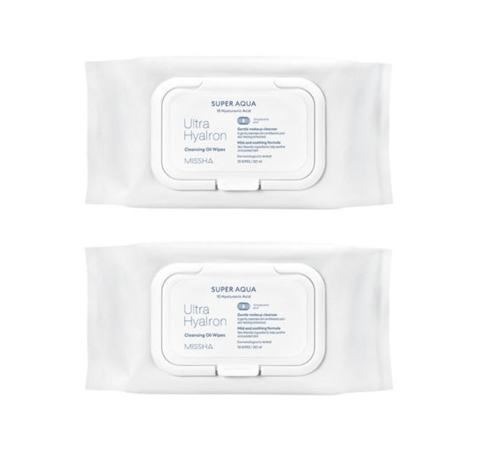 2 x MISSHA Super Aqua Ultra Hyalron Cleansing Oil Wipes, 70 Sheets - Hydrating Makeup Remover from Korea
