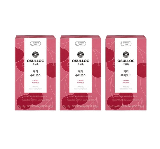 3 x [CAFFEINE FREE] Osulloc Cherry Rooibos Tea (20 Tea Bags), Caffeine‑Free, Herb Tea, Natural Cherry Flavor from Korea