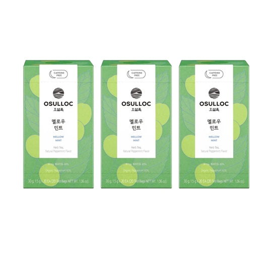 3 x [CAFFEINE FREE] Osulloc Mellow Mint Tea (20 Tea Bags), Caffeine‑Free, Herb Tea, Natural Peppermint Flavor from Korea