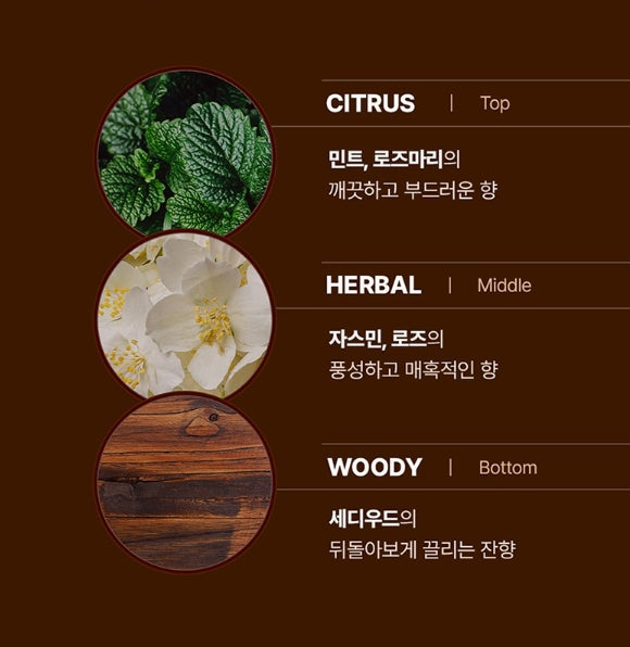 Three circular icons labeled 'Citrus', 'Herbal', and 'Woody' with corresponding descriptions on a brown background.