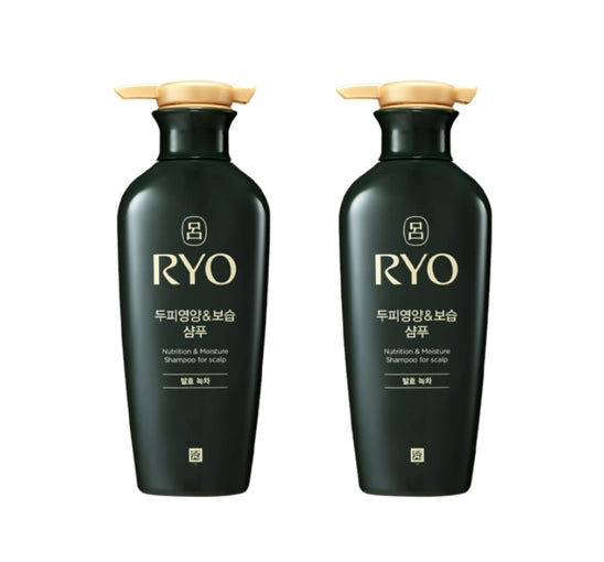 Two black RYO shampoo bottles with gold caps on a white background