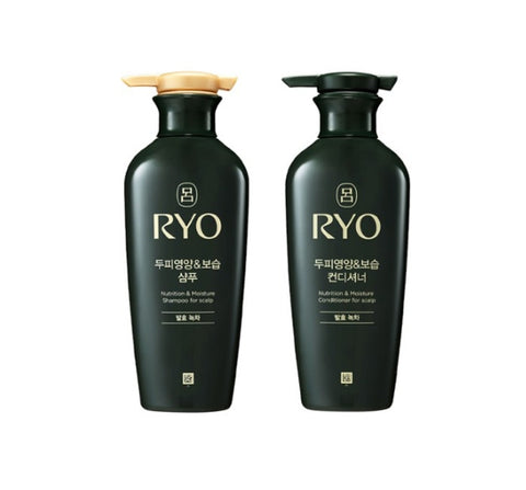 Two black RYO shampoo bottles with gold caps on a white background