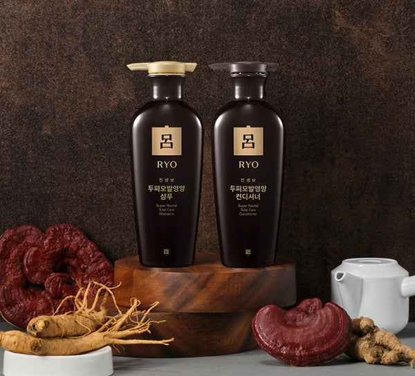 Two RYO bottles on a wooden stand with mushrooms and roots on a dark background