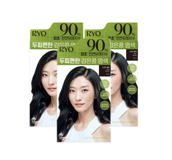 3 x Ryo Vegan Black Bean Hair Dye Cream 120g, 3.0 Soft Black from Korea by Ryo