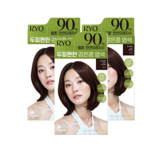 3 x Ryo Vegan Black Bean Hair Dye Cream 120g, 4.0 Deep Brown from Korea by Ryo