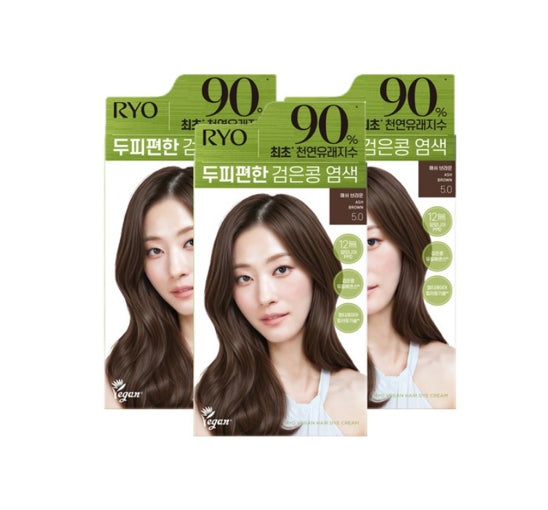 3 x Ryo Vegan Black Bean Hair Dye Cream 120g, 5.0 Ash Brown from Korea by Ryo