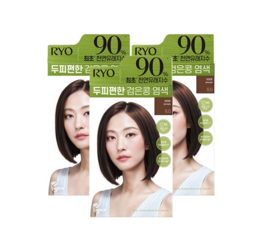 3 x Ryo Vegan Black Bean Hair Dye Cream 120g, 6.0 Brown from Korea by Ryo