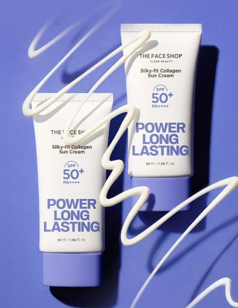 2 x THE FACE SHOP Power Long Lasting Silky-fit Collagen Sun Cream SPF50+ PA++++ 50ml from Korea
