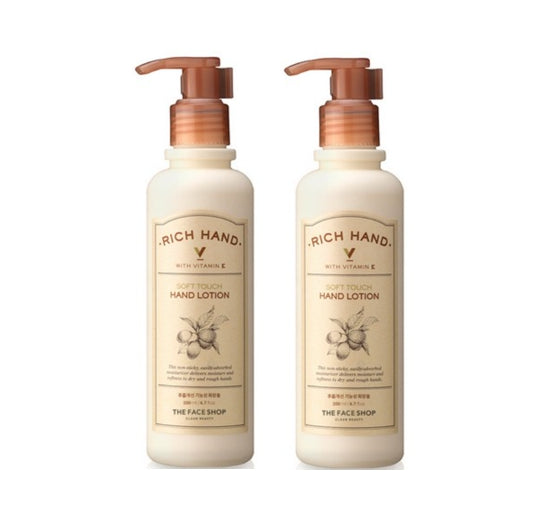 2 x THE FACE SHOP Rich Hand V Soft Touch Hand Lotion 200ml – Vitamin E & Sunflower Oil Formula from Korea