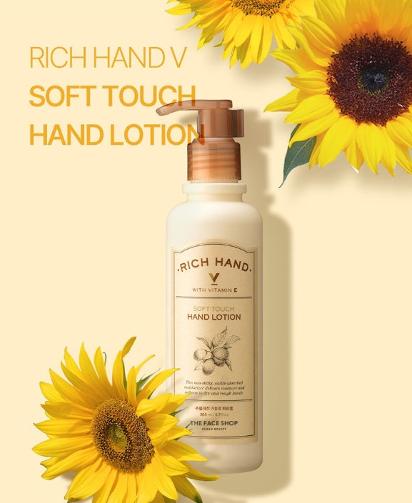 2 x THE FACE SHOP Rich Hand V Soft Touch Hand Lotion 200ml – Vitamin E & Sunflower Oil Formula from Korea