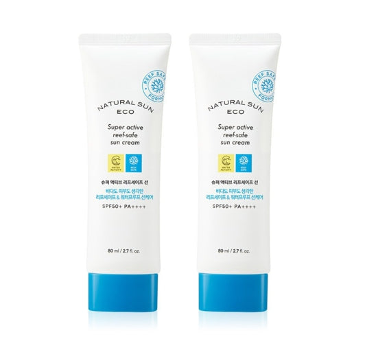 2 x THE FACE SHOP Natural Sun Eco Super Active Reef-Safe Sun Cream SPF50+ PA++++ 80ml from Korea