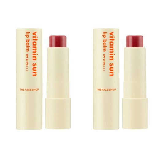2 x THE FACE SHOP Vitamin Sun Lip Balm 3.9g SPF 22 PA+++ (Red Colour) – Tinted Vitamin Lip Care from Korea