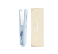 Blue hair straightener with beige carrying case on a white background