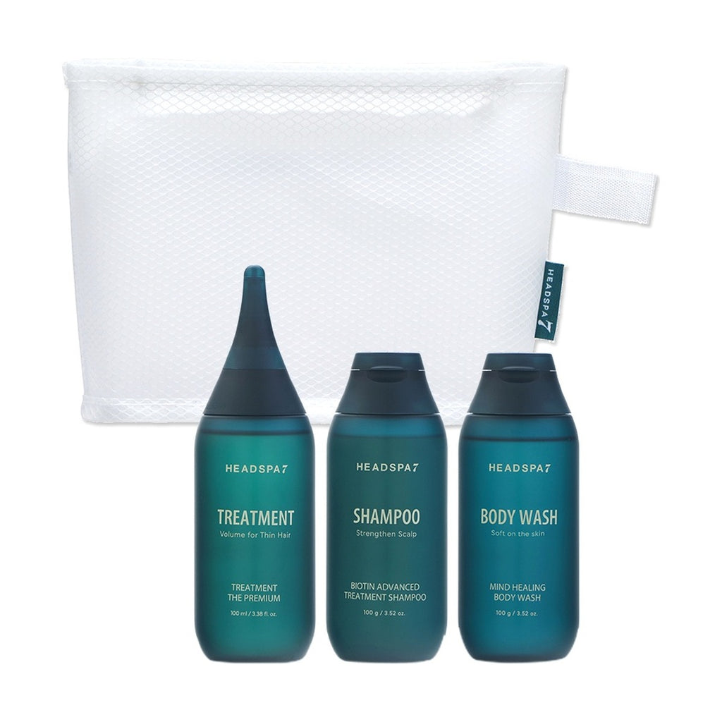 HEADSPA 7 Travel Shower Kit with shampoo, treatment, body wash and mesh pouch