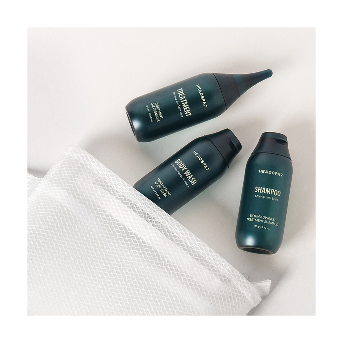HEADSPA 7 Travel Shower Kit with shampoo, treatment, body wash and mesh pouch