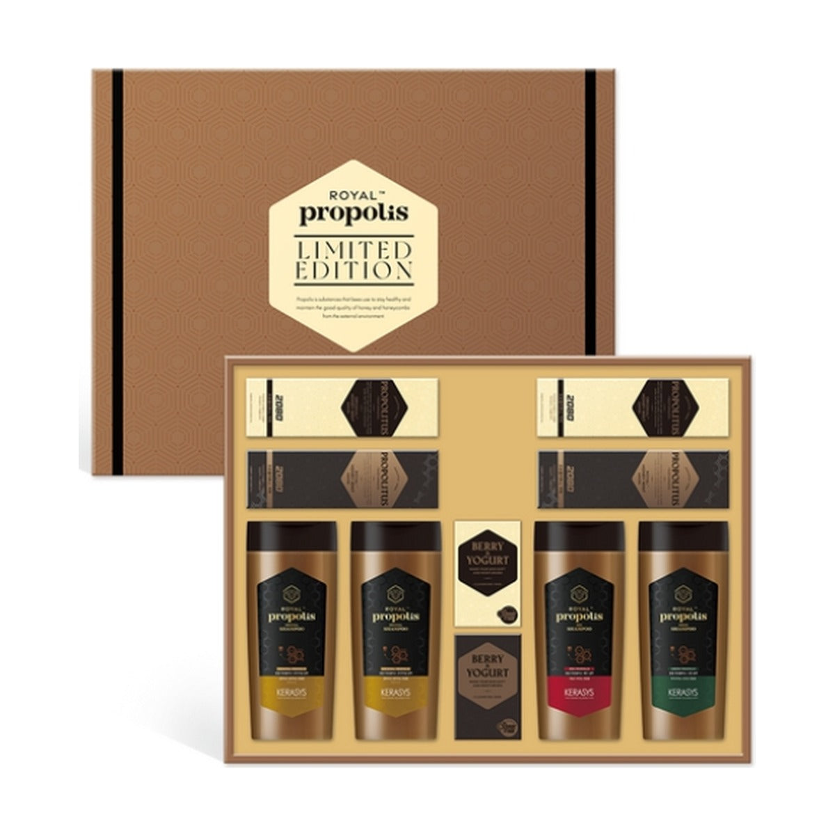 Kerasys Royal Propolis Limited Edition Set — open gift box with Royal Propolis shampoos, Shower Mate bars and 2080 Propolitus toothpaste